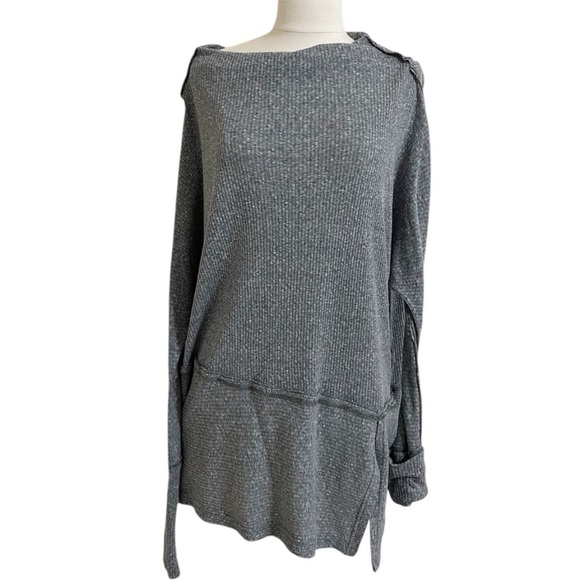 FREE PEOPLE Gray Londontown Asymmetrical Heathered Ribbed Long Sleeve Top - Picture 5 of 11